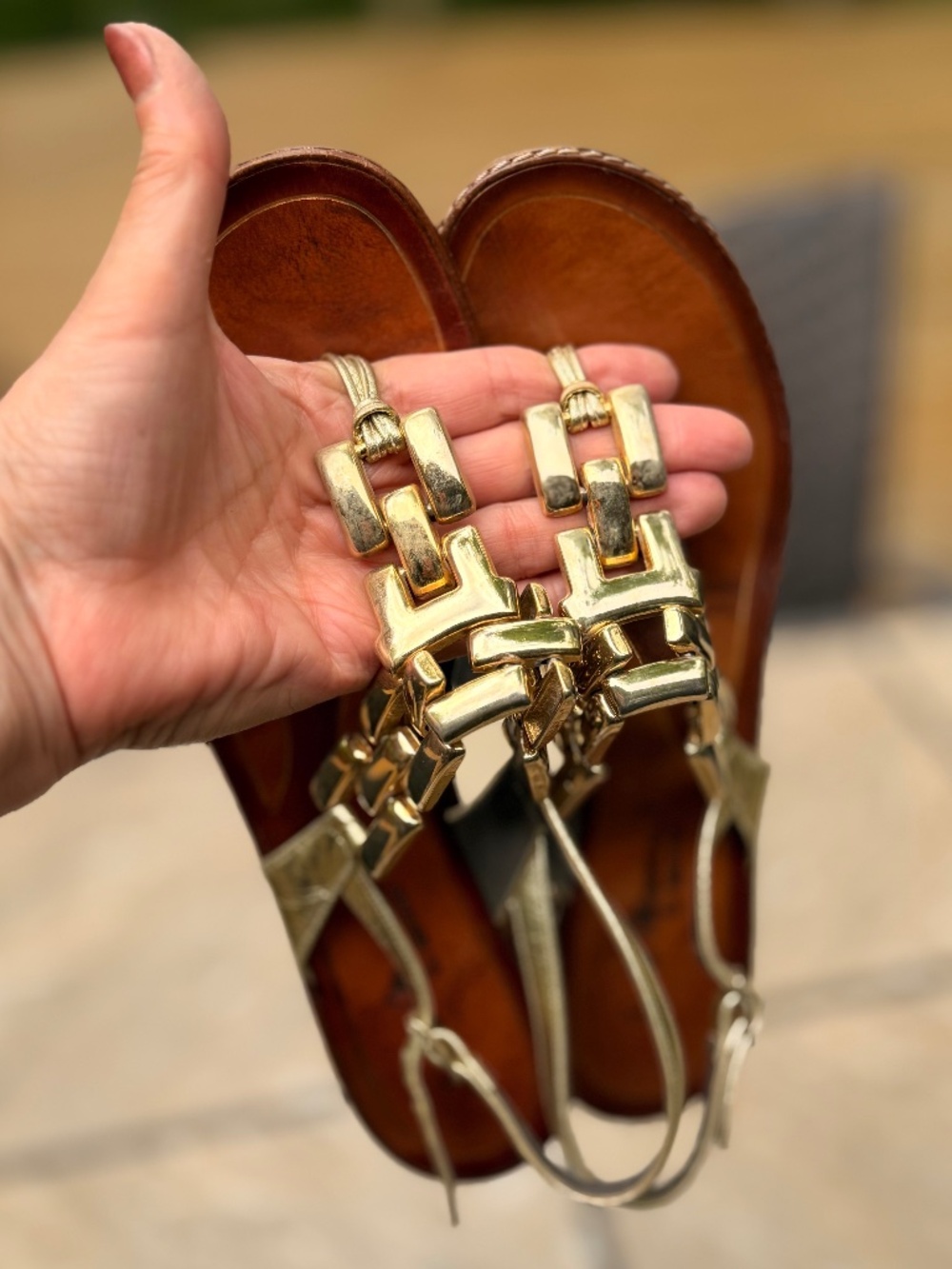 Rare Vintage Sesto Meucci Sandals Gold Chain and Tan Leather Made in Italy Sz 8